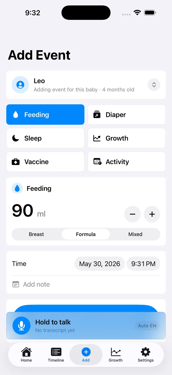 BambinoTrack Add Event screen for recording baby care activity