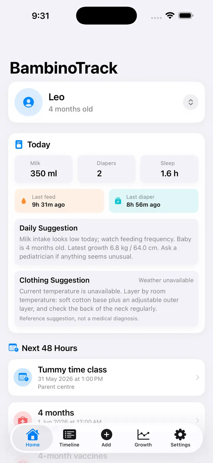 BambinoTrack Home screen showing a baby profile, daily care summary, suggestions, and upcoming items
