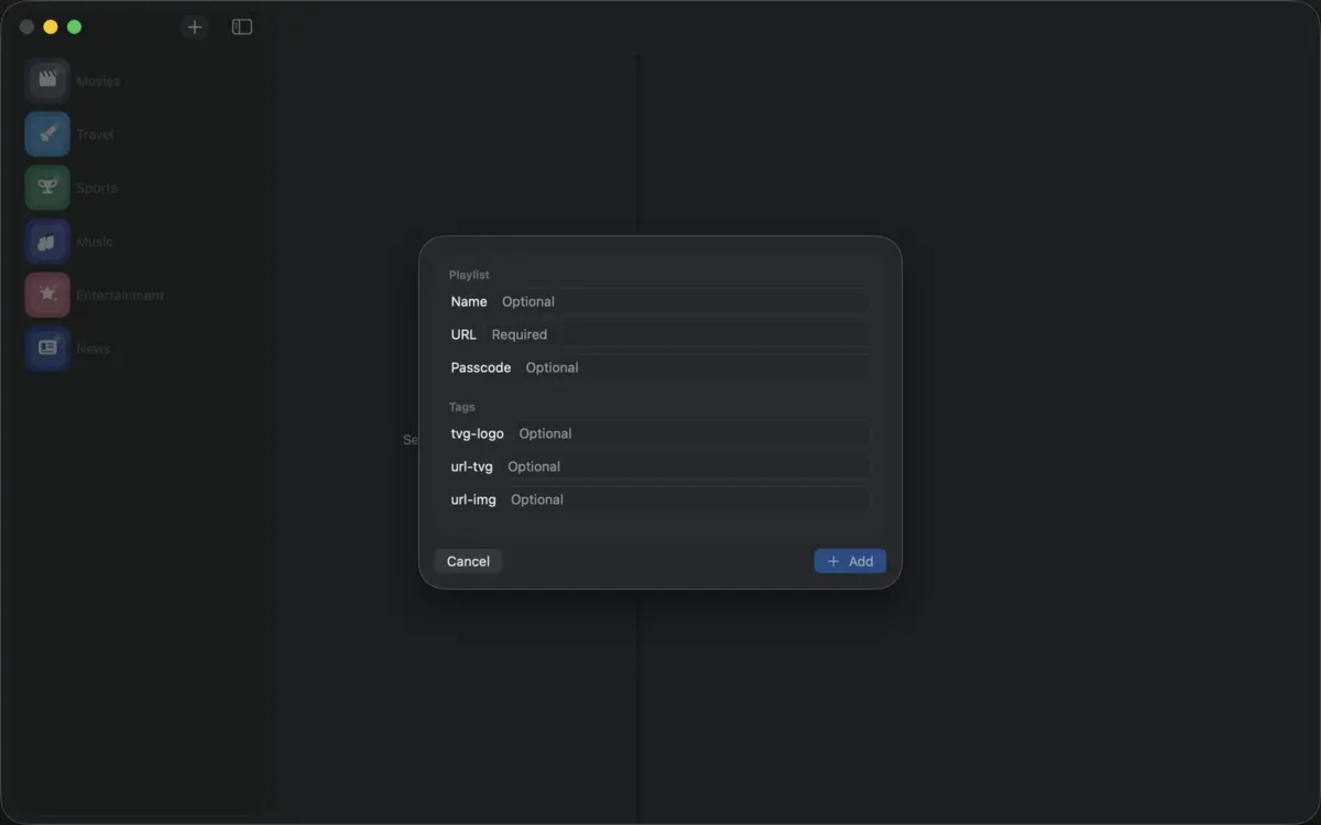Hi IPTV Player macOS App Store screenshot showing playlist URL entry in light mode