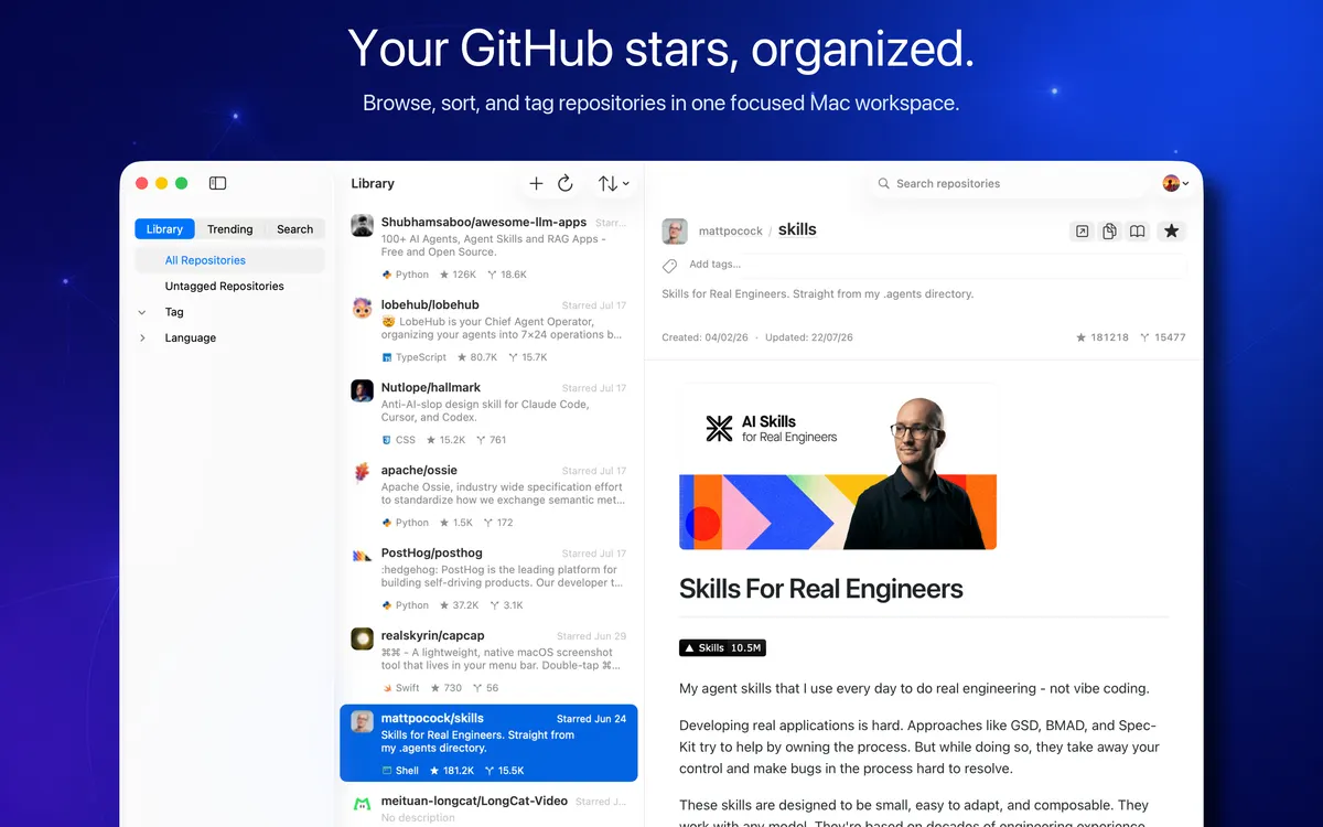 OhMyStar Version 3 library showing tags, starred repositories, repository details, and README content in a three-column Mac workspace