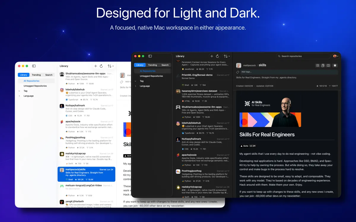OhMyStar Version 3 App Store artwork comparing the native light and dark Mac interfaces
