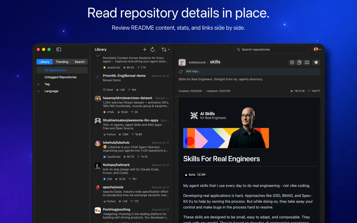 OhMyStar Version 3 dark appearance showing repository statistics and README content beside a starred-repository list