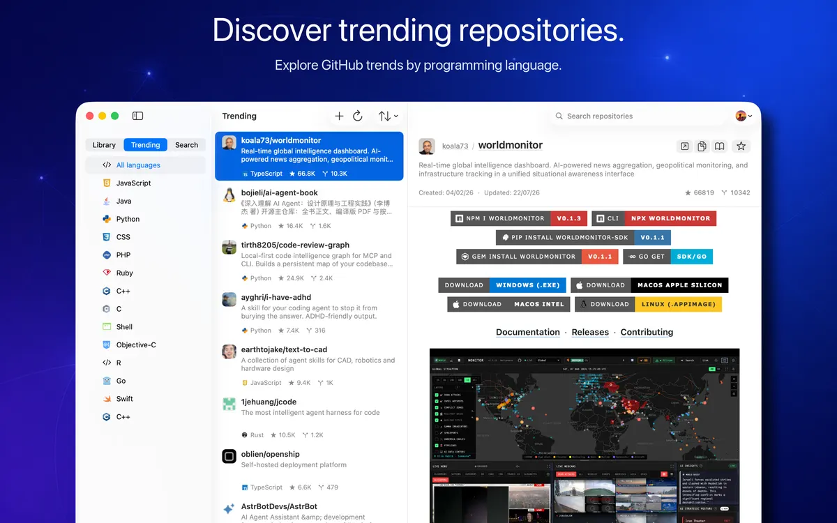 OhMyStar Version 3 Trending view showing programming-language filters, repository results, and an in-place README
